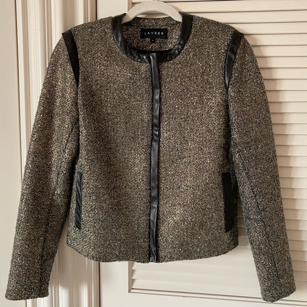 Laveer Metallic Tweed Jacket with Leather Trim